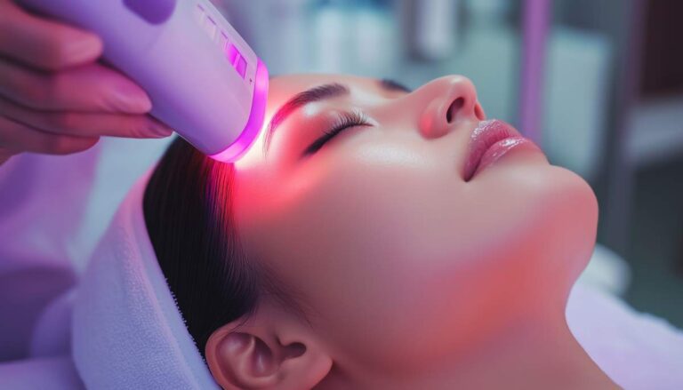 A person with visible facial redness receiving a calming light therapy treatment in a clinical skincare setting.