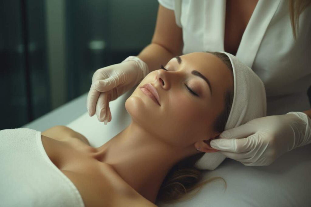 Person examining cheek texture in a mirror beside gentle cleanser, moisturizer, and sunscreen.